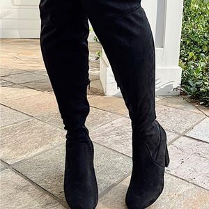 BLACK SUEDE CHUNKY HEEL THIGH HIGH BOOTS